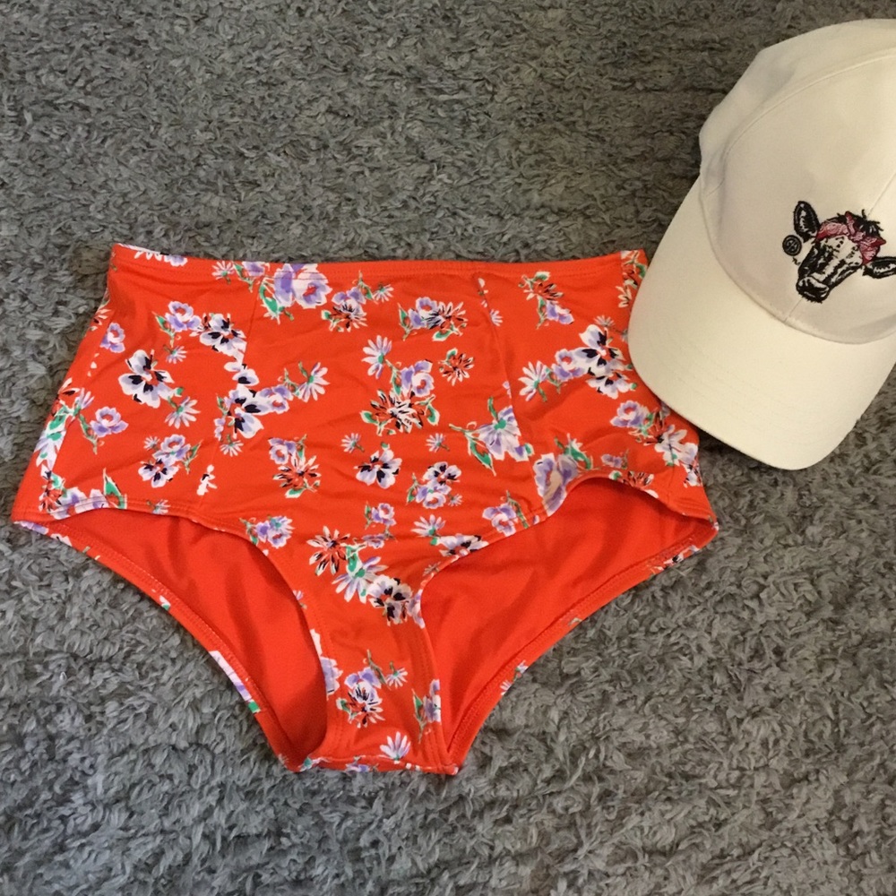 ROXY high waisted orange floral bikini bottoms.